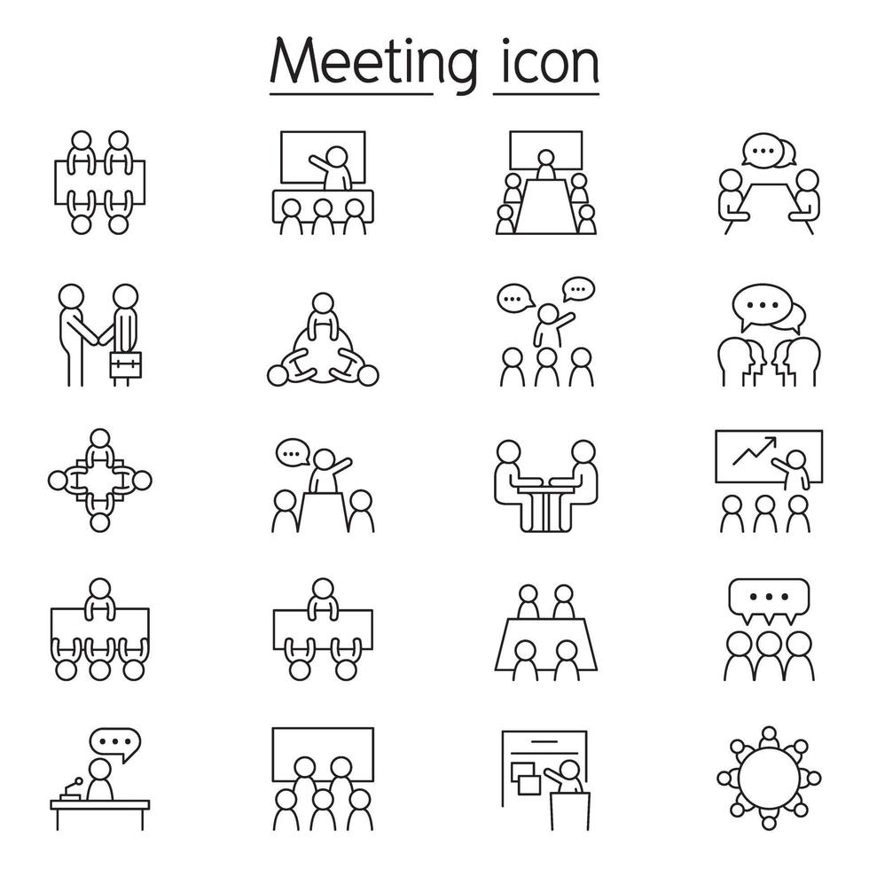 Business meeting, conference, seminar and Interview icon set in thin line style vector