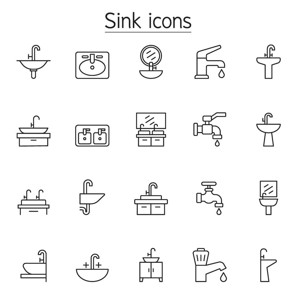 Sink and Faucet icon set in thin line style vector