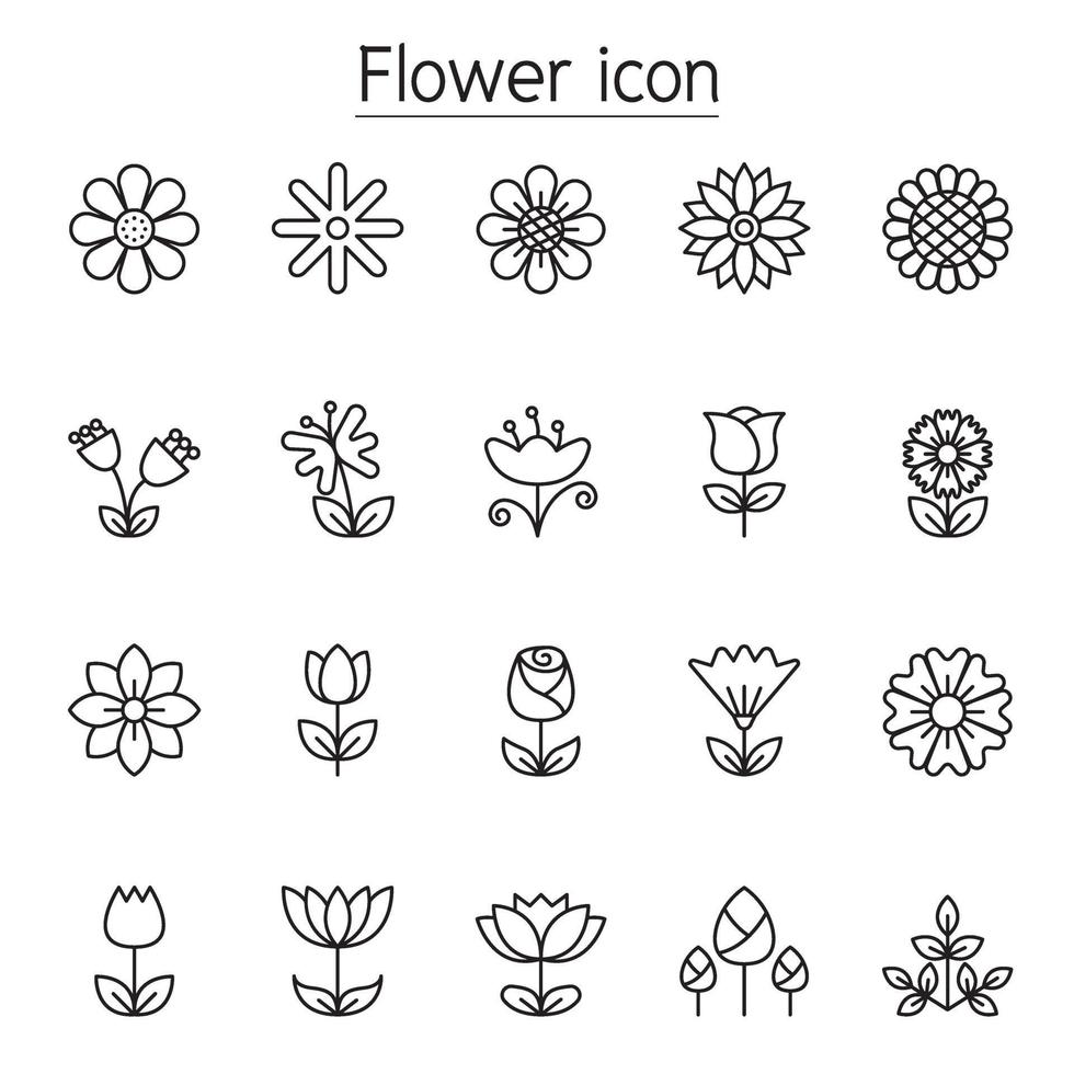 Flower icon set in thin line style vector