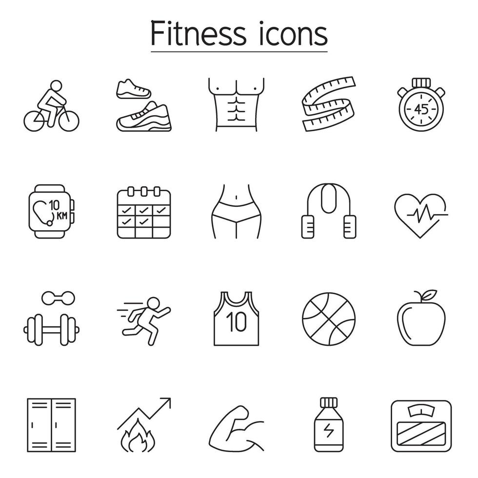 Fitness and Exercise icon set in thin line style vector