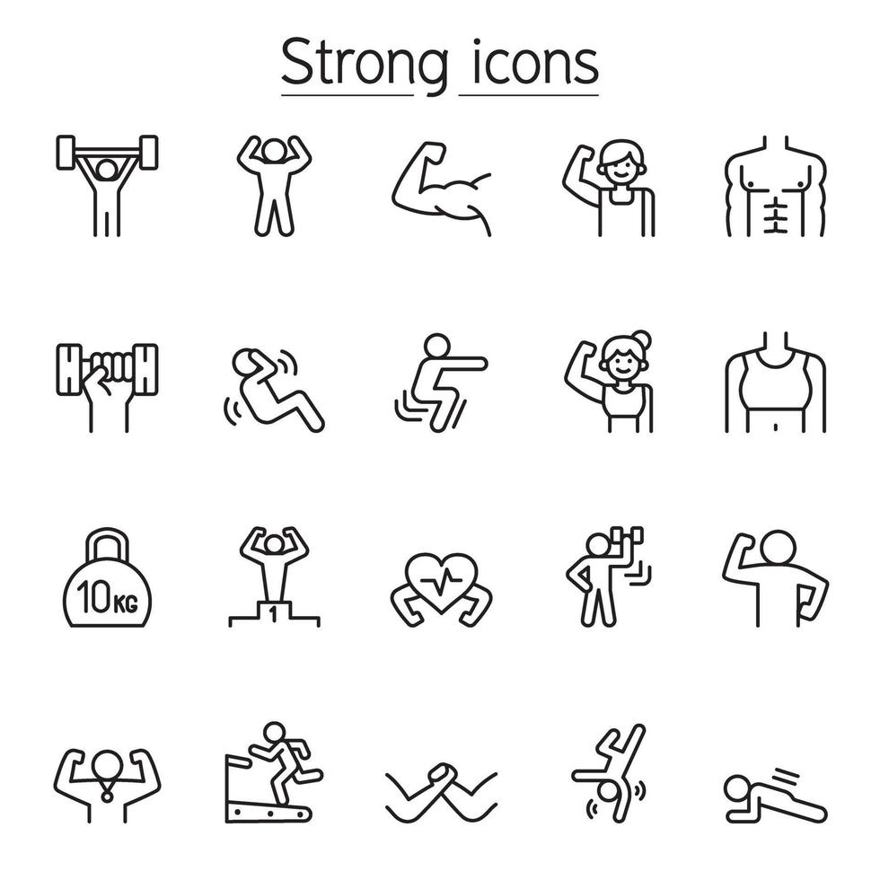 Strong, fit, exercise icons set in thin line style vector