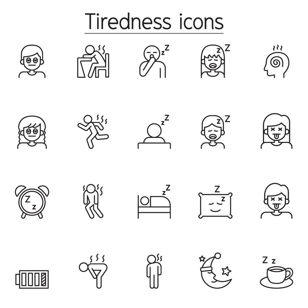 Tiredness, sleepy icons set in thin line style vector