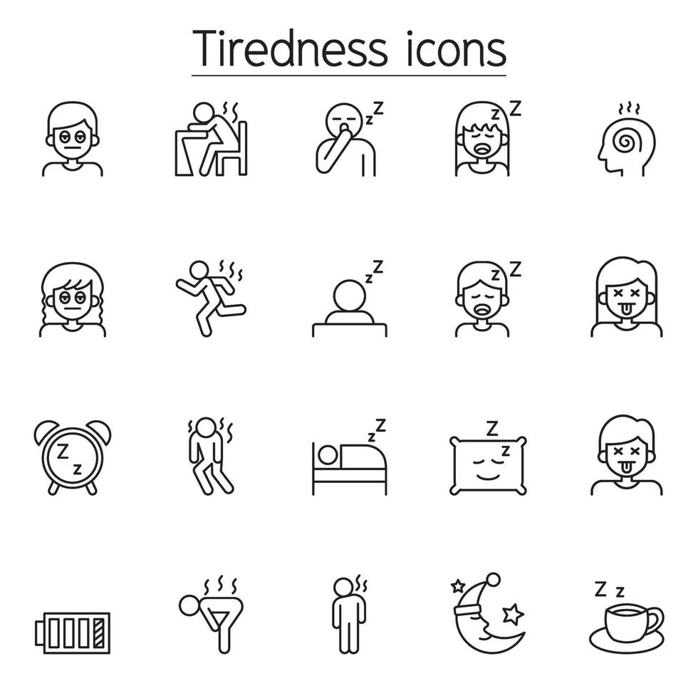 cansancio, iconos somnolientos en estilo de línea fina vector