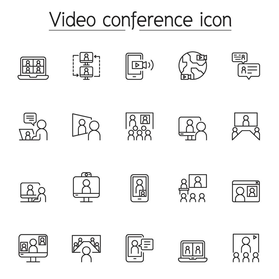 Video conference, presentation, online meeting icon set in thin line stlye vector