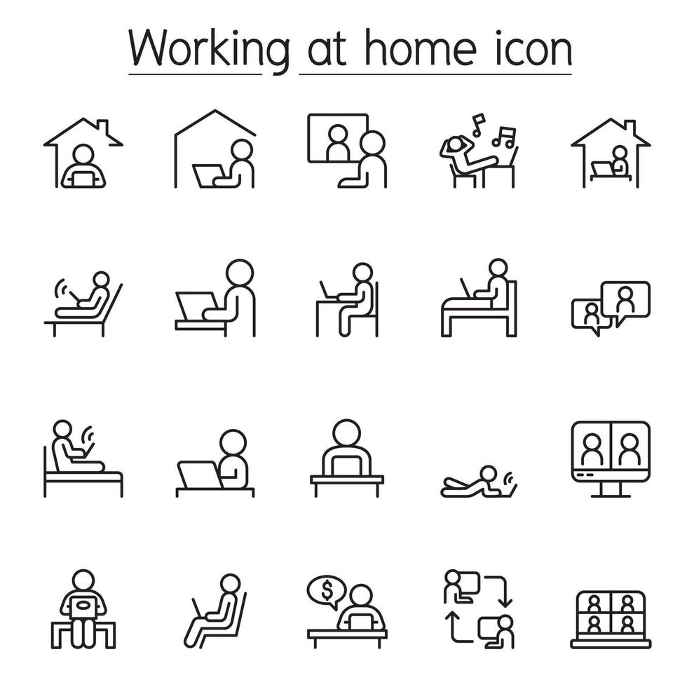 Working at home icons set in thin line style vector