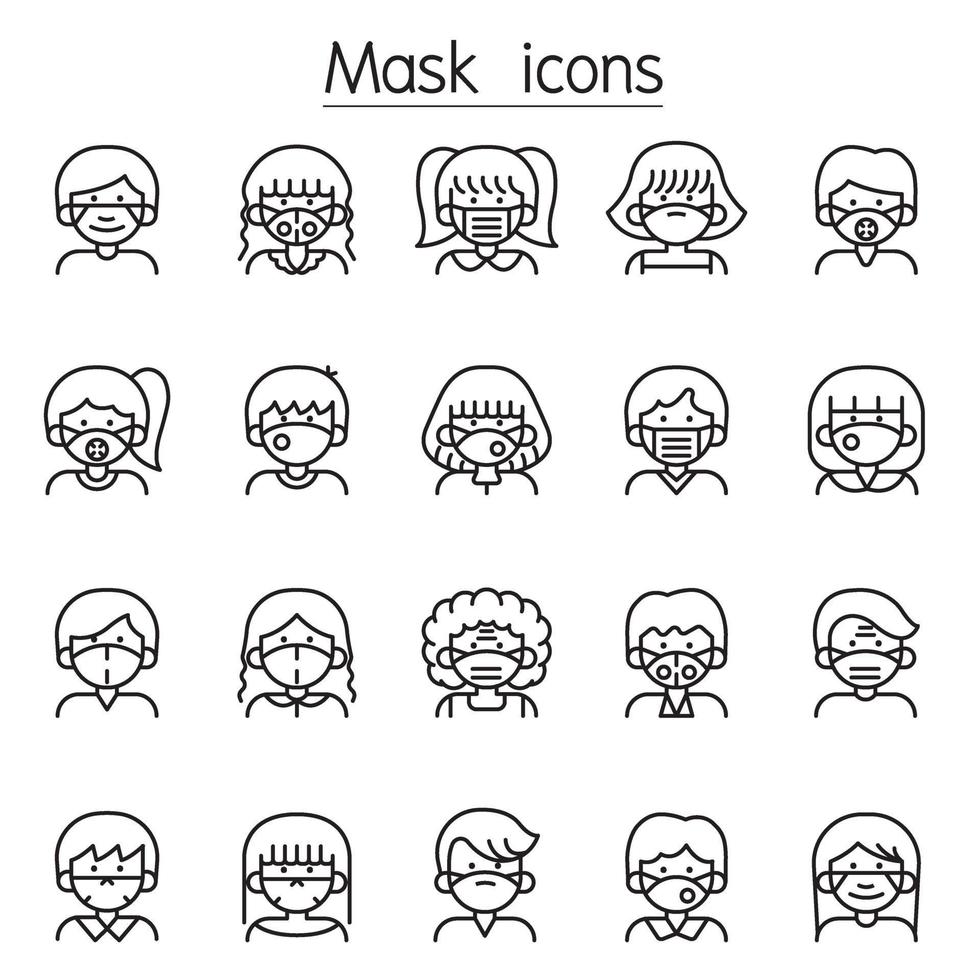 Personas en iconos de máscara de protección facial médica en estilo de línea fina vector