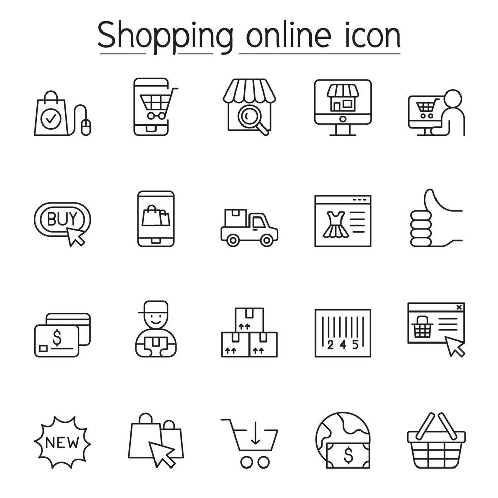 Shopping online and E-commerce icons in thin line style vector