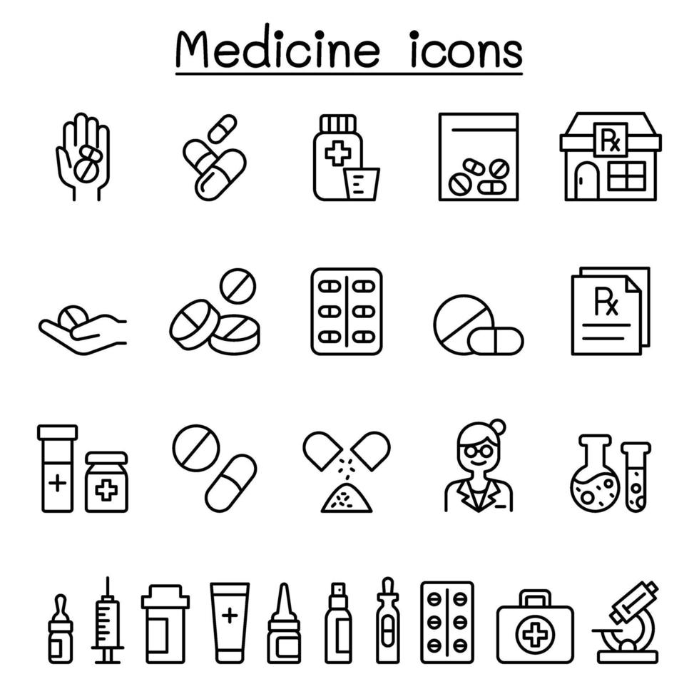 conjunto de iconos de líneas vectoriales relacionadas con drogas médicas. vector