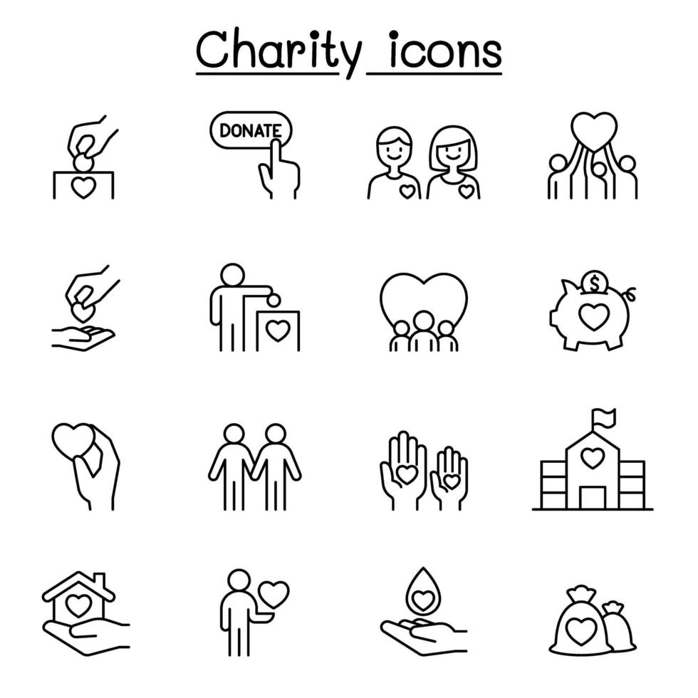 Charity and Donation icons set in thin line style vector