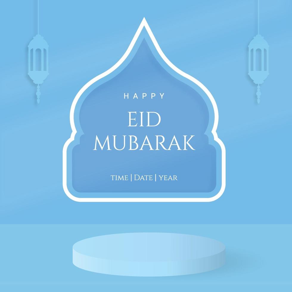 feliz eid mubarak con moderno podio cilíndrico azul claro con color pastel vector