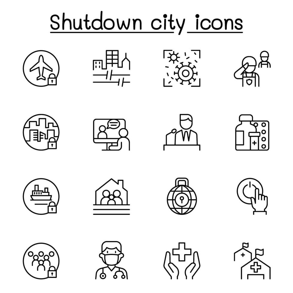 Set of Lockdown city from virus crisis related vector line icons. Contains such Icons as Shutdown city, state quarantine, flight cancellation, business closed, and more.