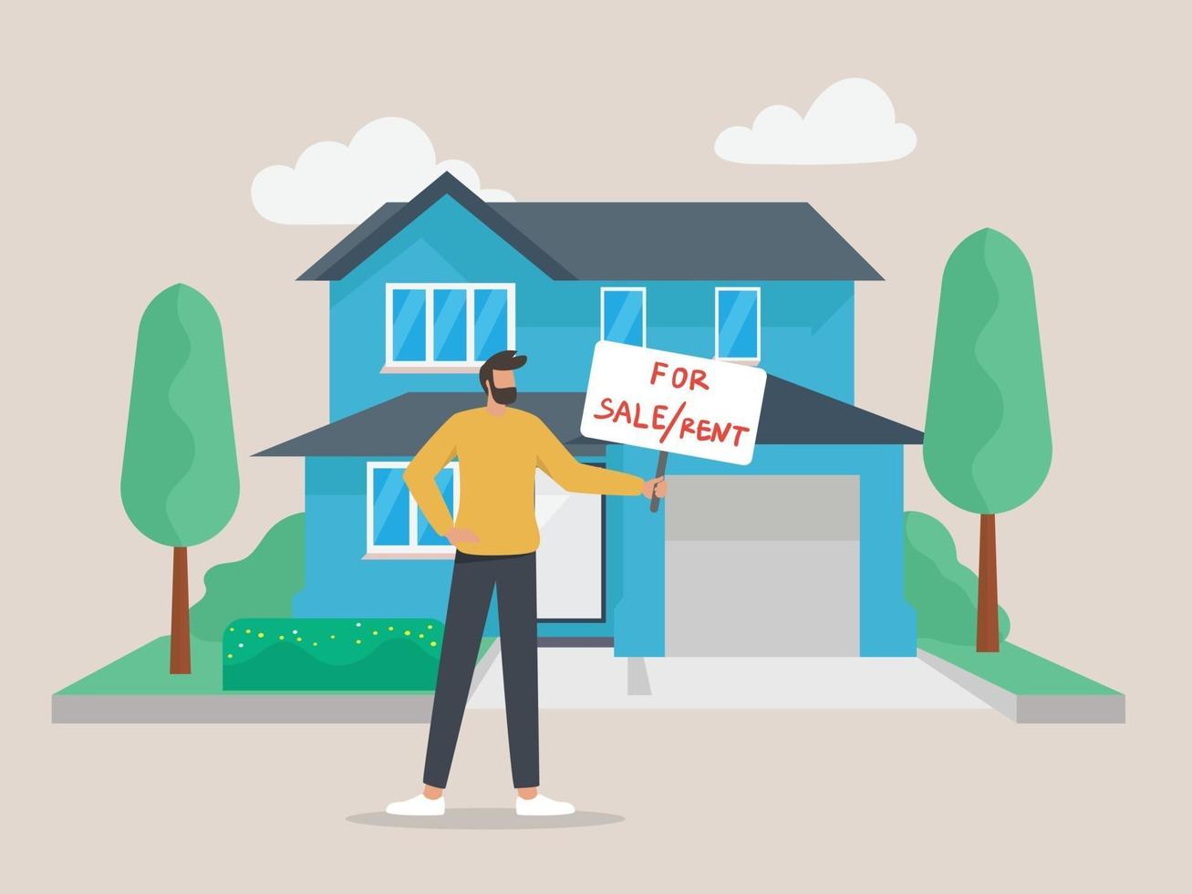 Agente inmobiliario masculino con cartel de venta en frente de la casa vector
