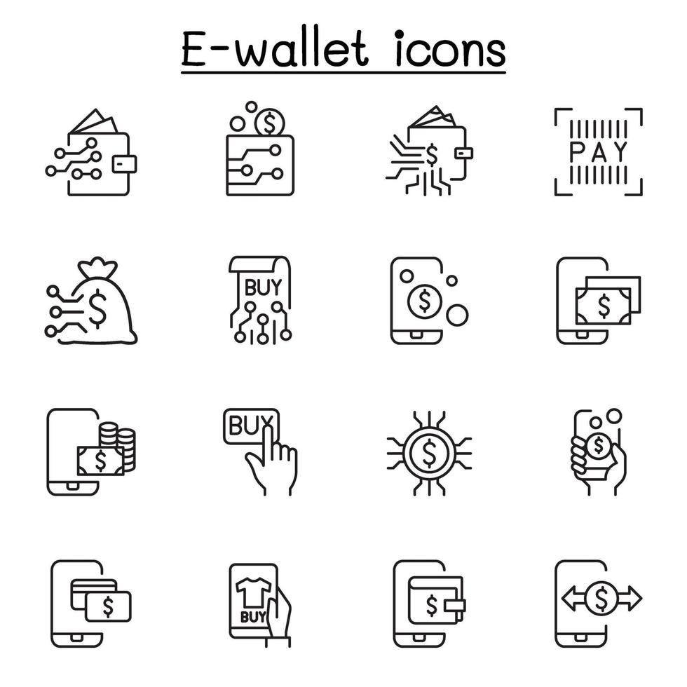 E-wallet, digital money, mobile banking icon set in thin line style vector