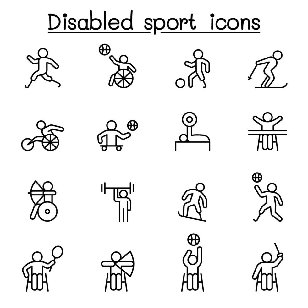 iconos de deporte discapacitados en estilo de línea fina vector