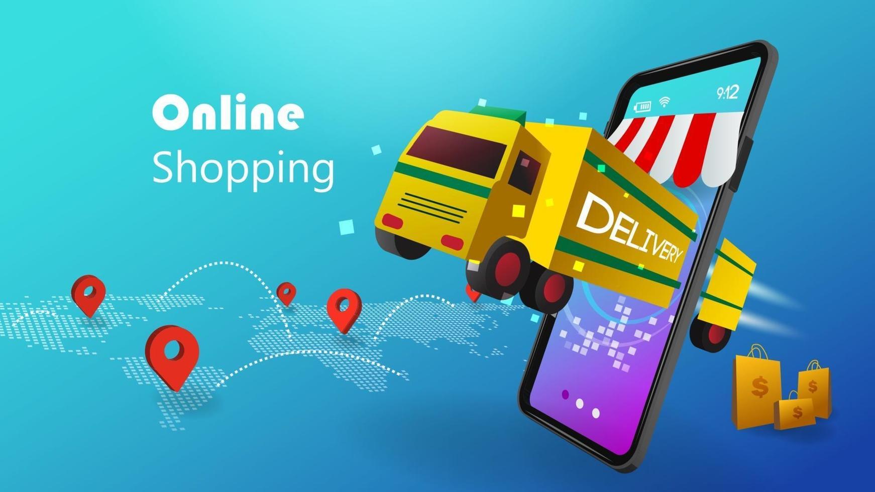 Shopping Online concept with 3D mobile phone and delivery truck on blue background vector