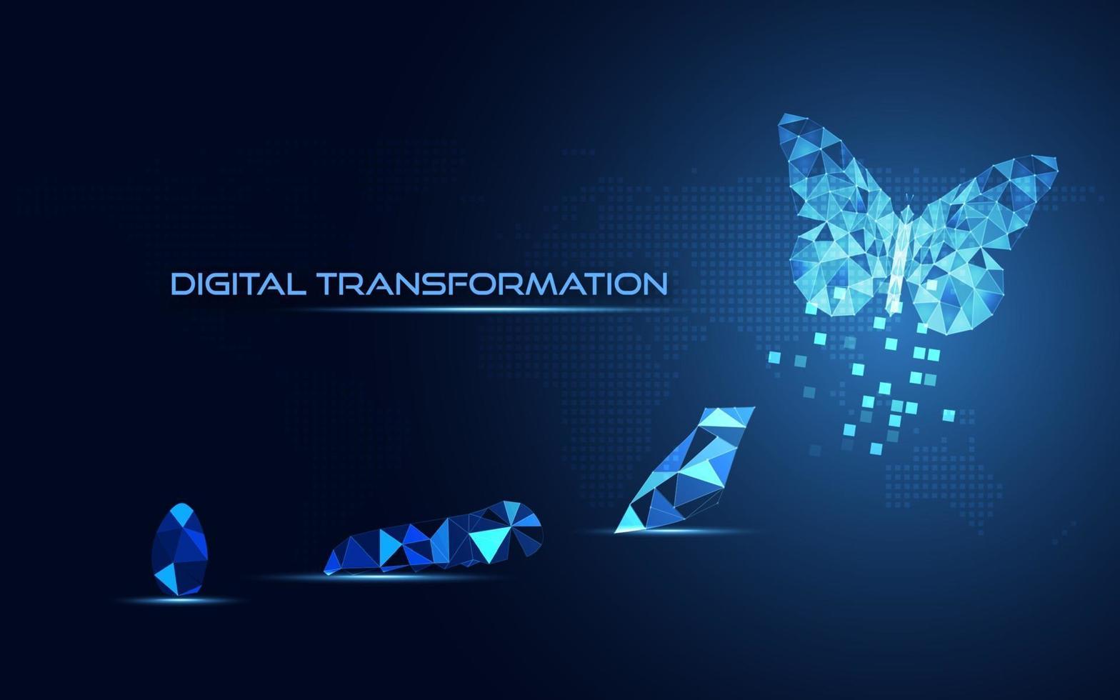 Resumen de transformación digital empresarial innovador de la evolución del ciclo de vida de la mariposa fondo azul vector