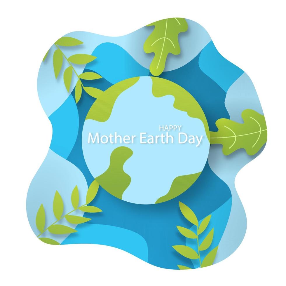 Happy Mother Earth Day concept with earth with tree leaves on white and blue background vector