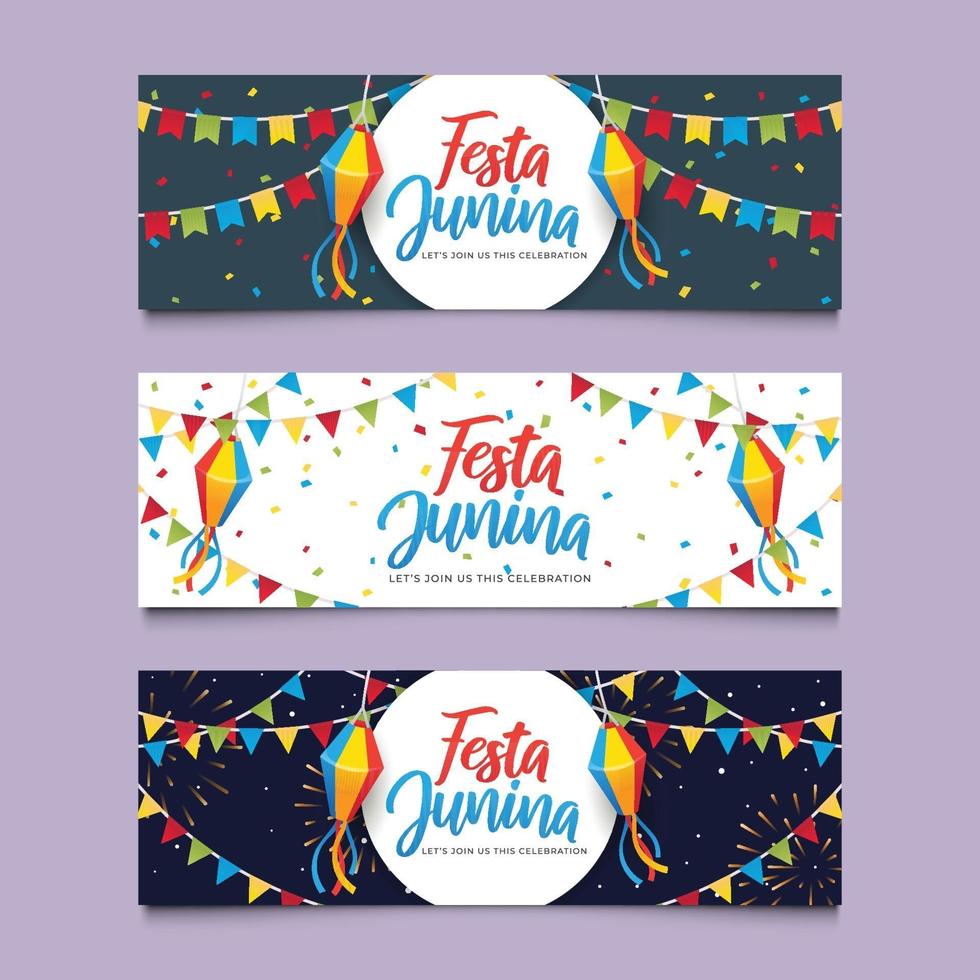 Banner de Festa Junina con bandera y linterna. vector