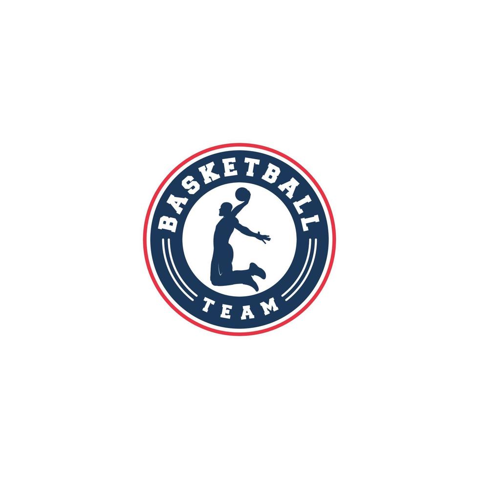 Logotipo de baloncesto con la ilustración de un jugador saltando para meter la pelota en la canasta. vector