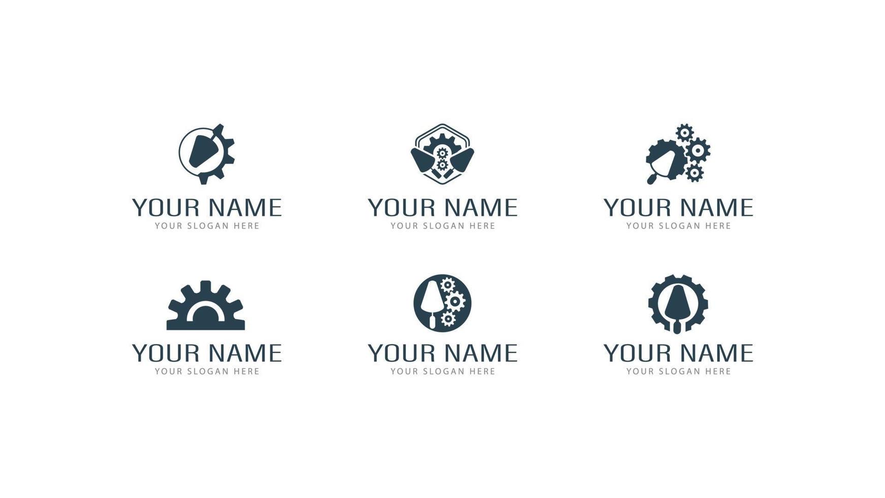 Set of plastering works logos in different styles with trowels and gears. Various logos of plastering works, repair and construction vector
