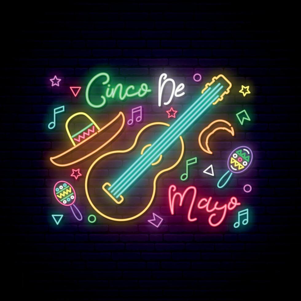 Cinco de Mayo glowing neon sign on dark brick wall background. Mexican festival banner. vector