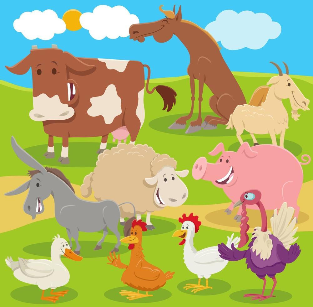 Grupo de personajes de animales de granja de dibujos animados en el campo vector