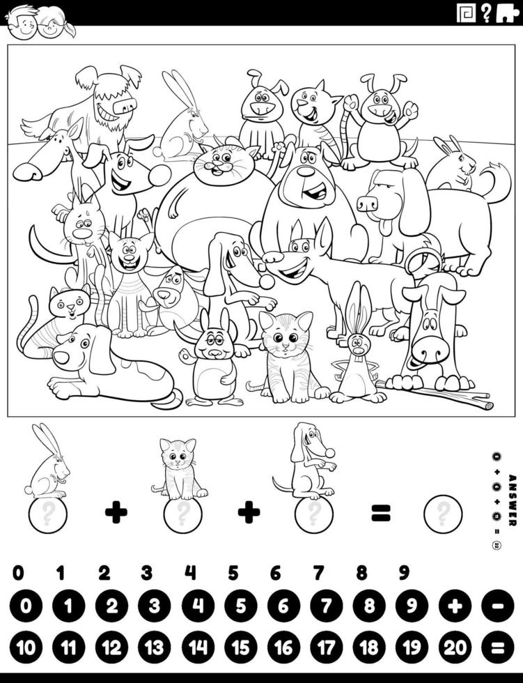 Contando y sumando juego con animales página de libro para colorear vector