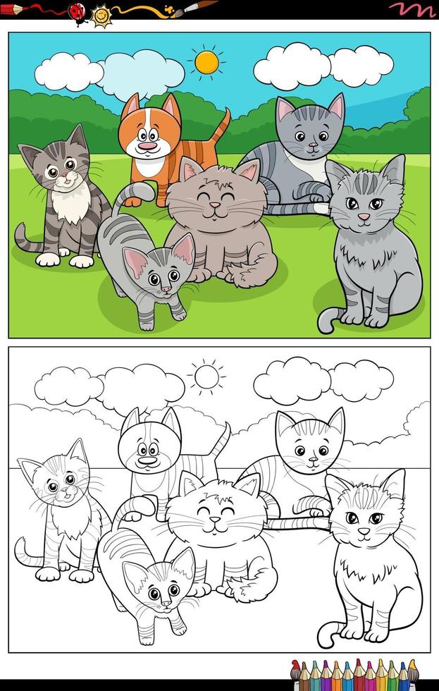 cartoon funny cats characters coloring book page vector