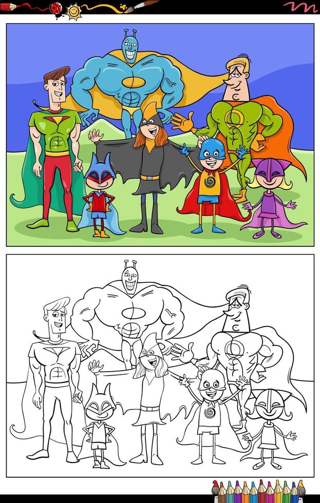 Dibujos animados de personajes de superhéroes página de libro para colorear vector