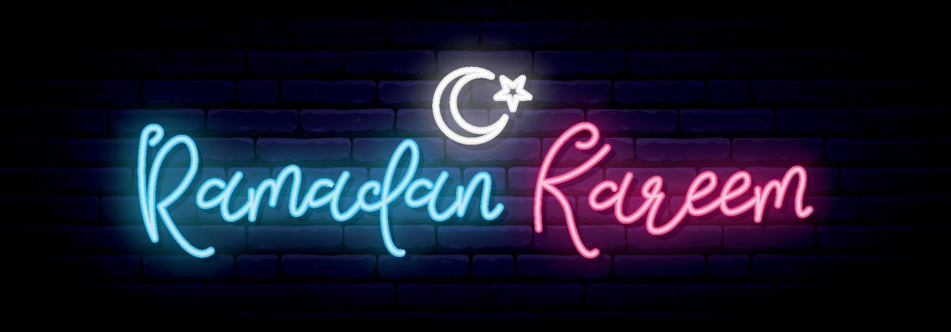 Ramadan Kareem neon sign banner. White crescent, star sign and neon lettering. vector