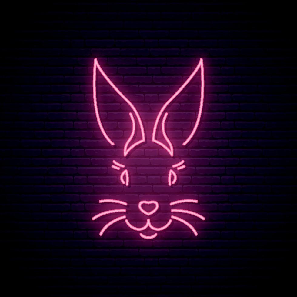 Rabbit neon sign. Pink easter bunny muzzle. vector