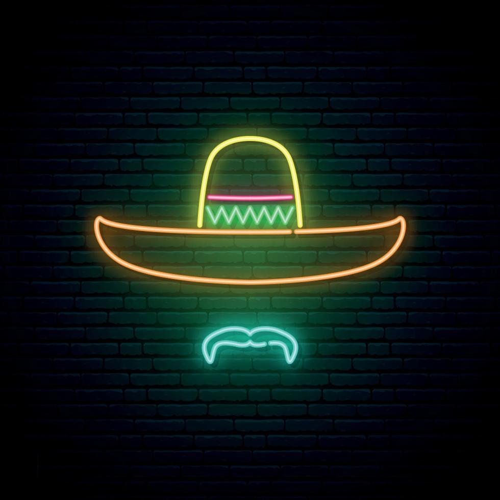 sombrero y bigote letrero de neón brillante sobre fondo de pared de ladrillo oscuro. vector