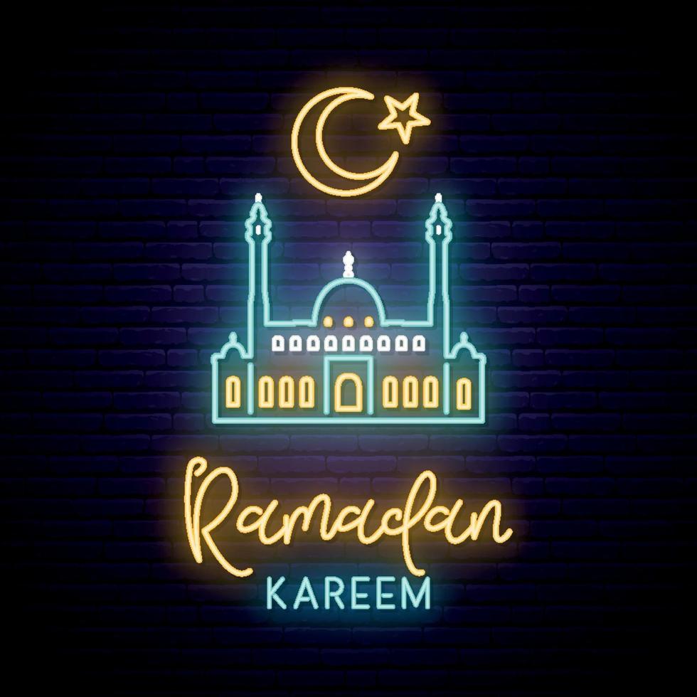 Neon sign of Ramadan Kareem for decoration and covering on the wall background. vector