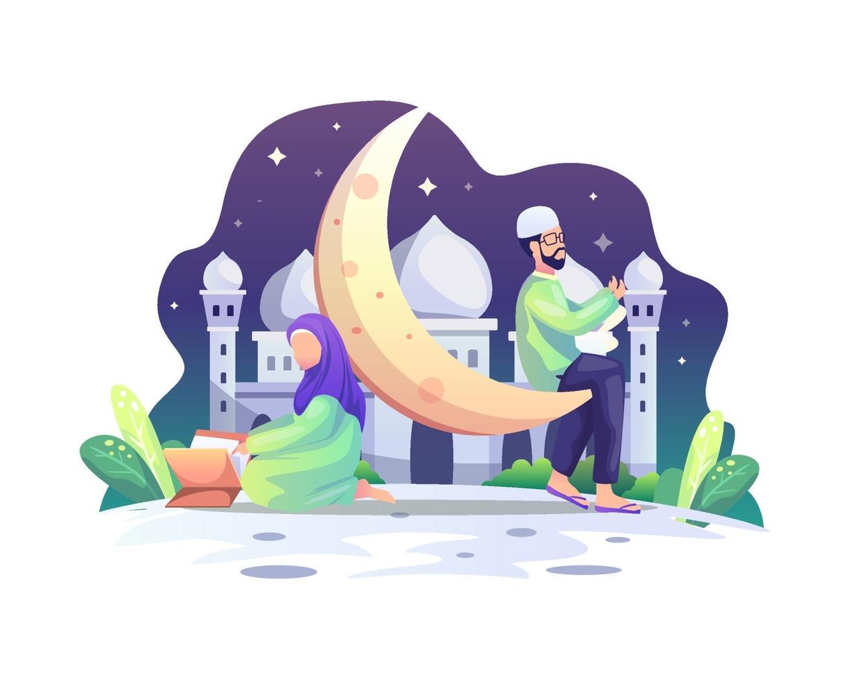 Muslim couple reading the Quran and praying during Ramadan Kareem holy month vector