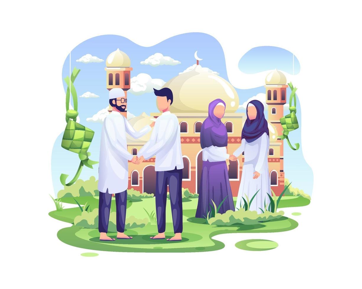 Happy Muslim people celebrate Eid Mubarak by shaking hands in the front of mosque vector