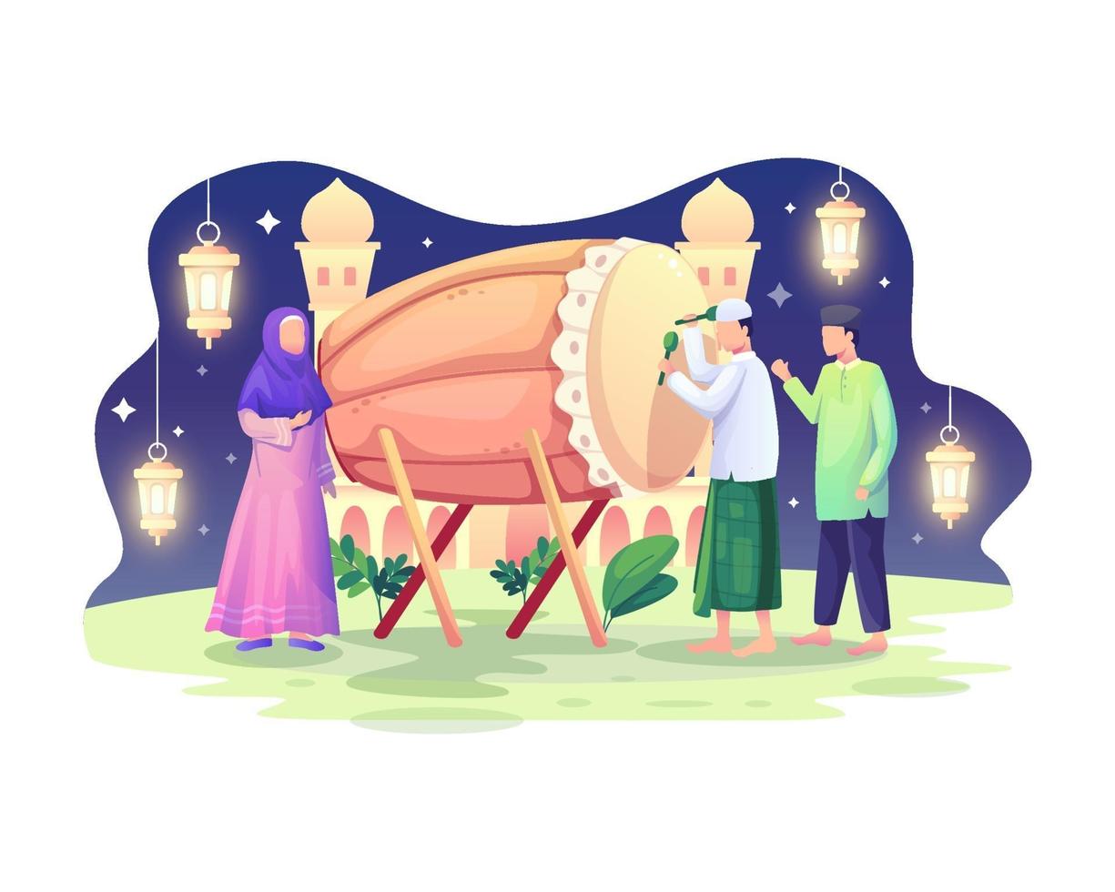 Happy people Muslim celebrate Ramadan Kareem with Bedug or drum vector