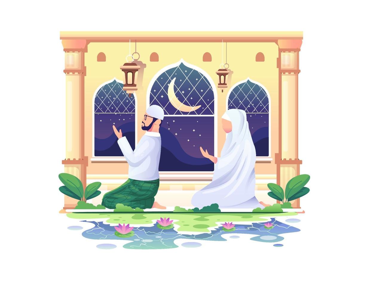 Praying Muslim couple at a mosque in Ramadan Kareem, happy eid Mubarak vector