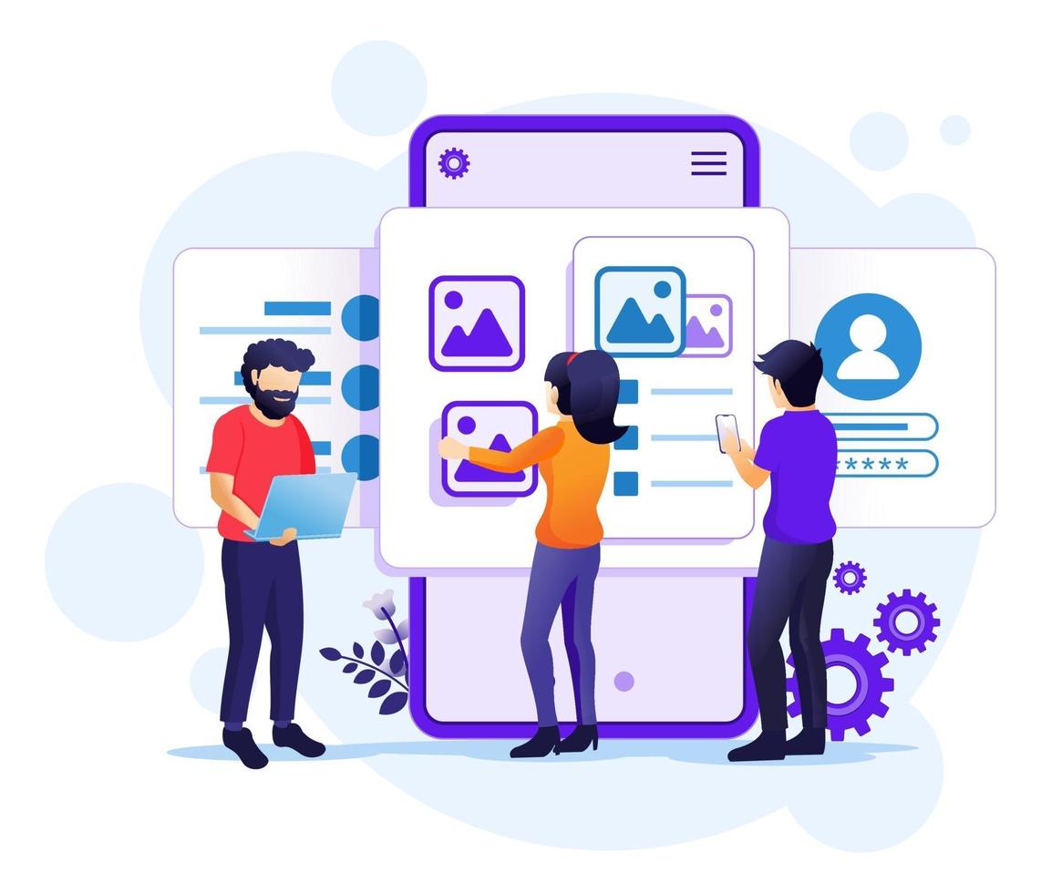 creación de un concepto de diseño de aplicación, lugar de texto de personas y contenido, ilustración de diseño de interfaz de usuario ux vector