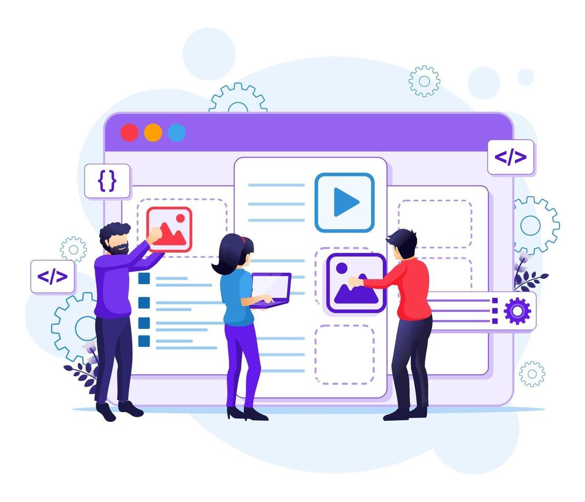 concepto de diseño web, personas que crean un diseño de aplicación web, contenido e ilustración de lugar de texto vector