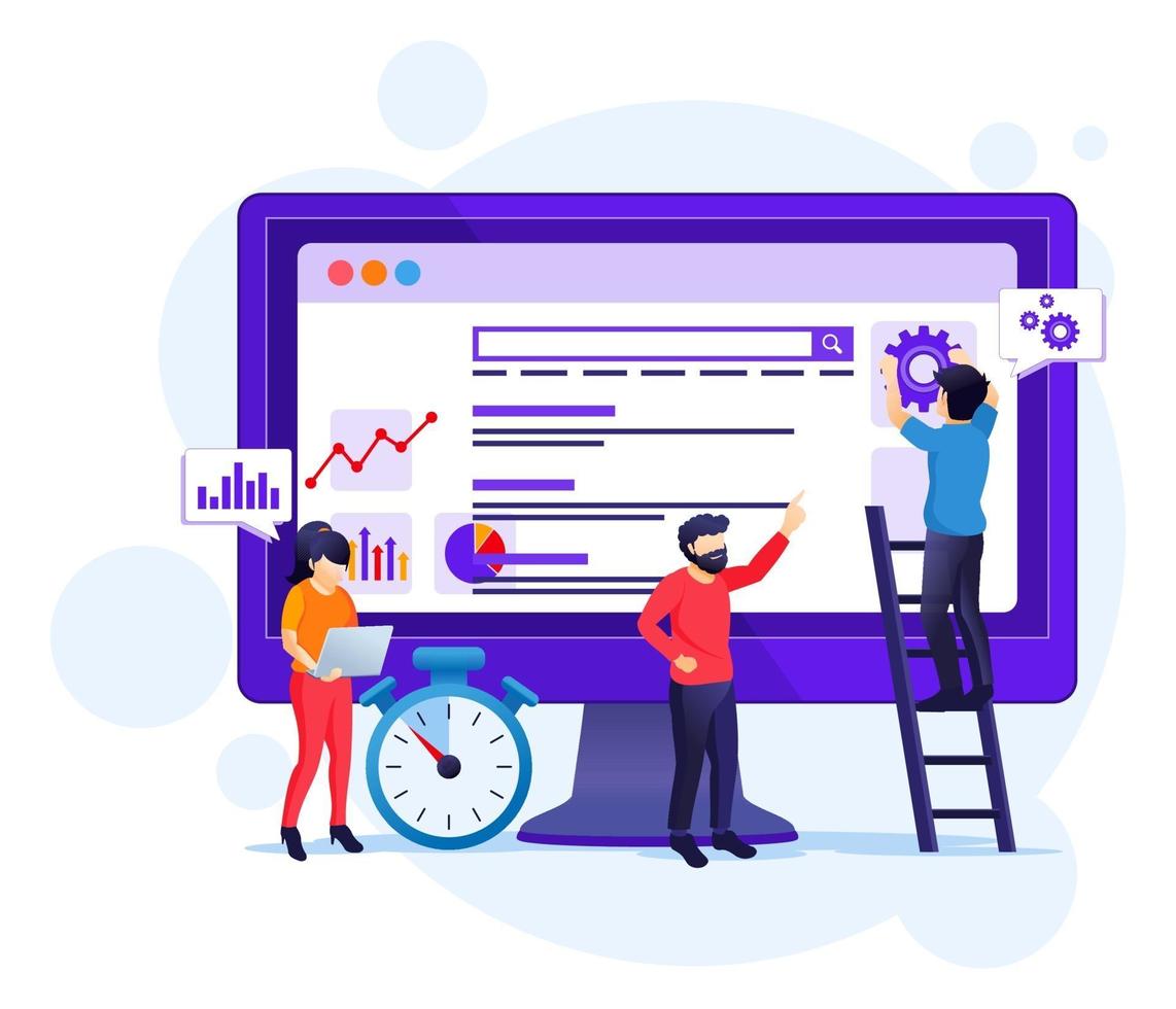 Seo Analysis Concept With People Work On Screen Search Engine Optimization Marketing And Strategies Illustration 2136499 Vector Art At Vecteezy