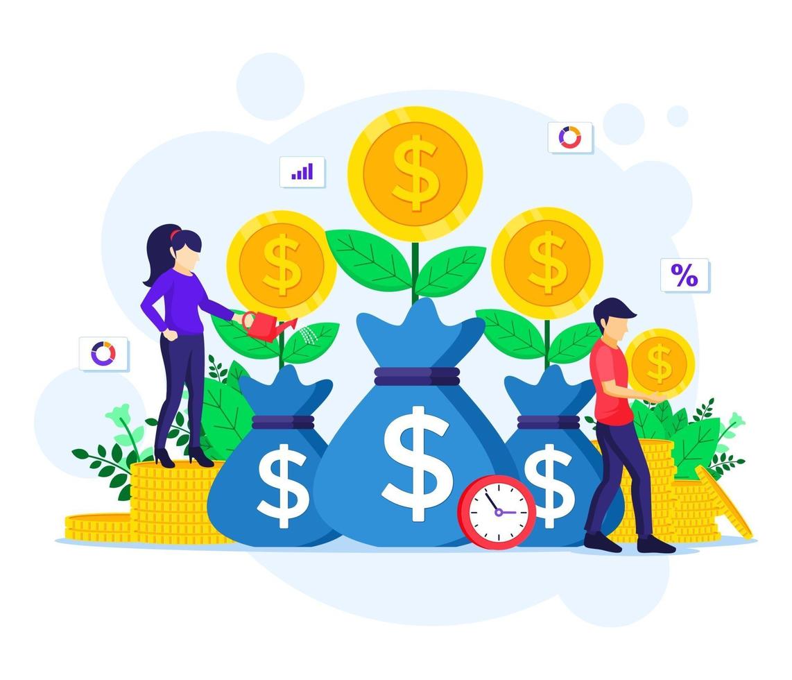 Money investment, people watering money tree, collect coin, increase financial investment profit vector