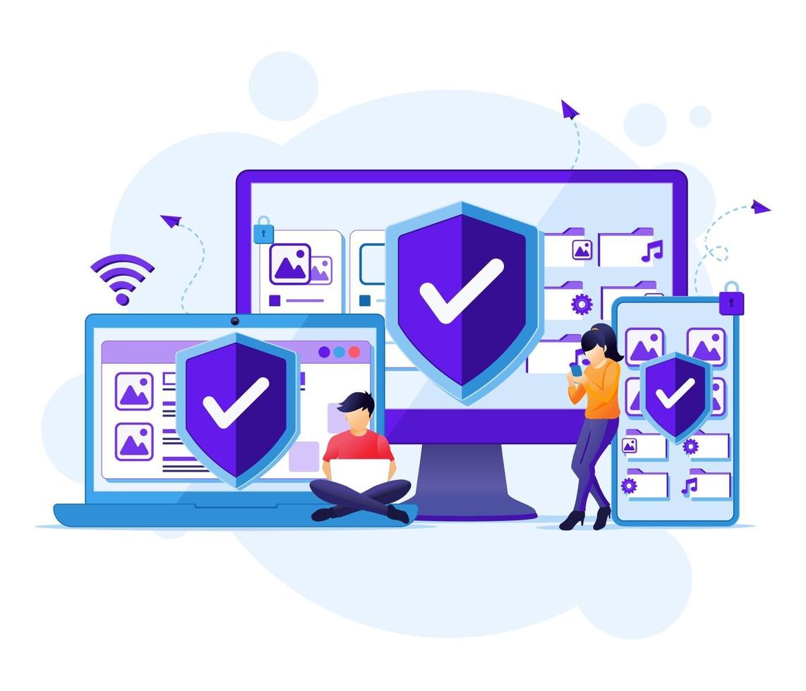 Device security concept, People on giant gadget device with shield vector