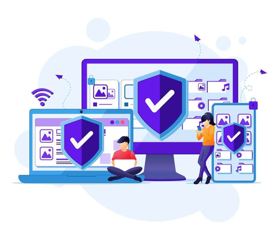 concepto de seguridad del dispositivo, personas en dispositivo gadget gigante con escudo vector