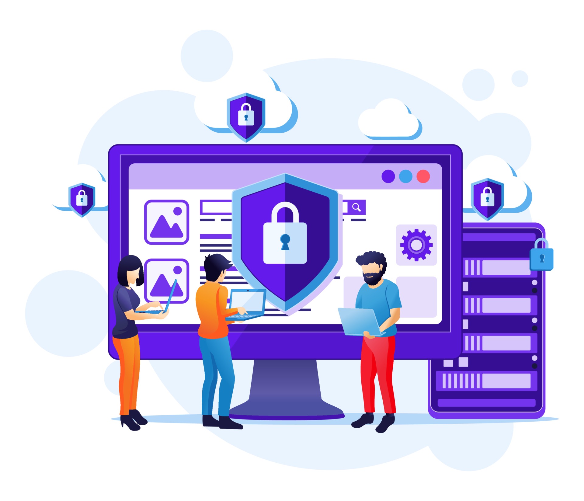 Cyber security concept, people work on screen protecting data and