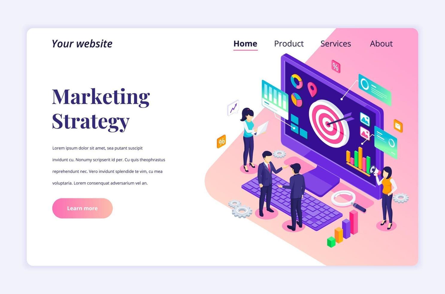 Isometric landing page design concept of Marketing strategy. business people characters work near a giant computer with data and graphic charts. vector illustration