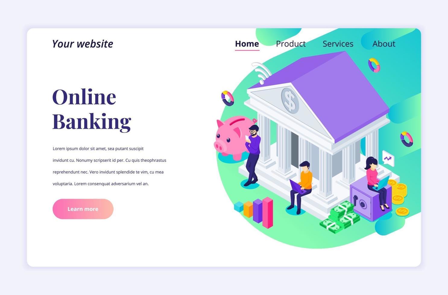 Isometric landing page design concept of Online Banking with characters, Online financial and business investment. vector illustration