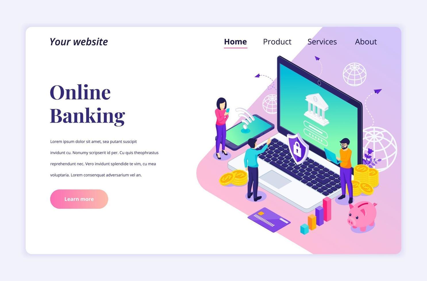 Modern flat isometric design concept of Online Banking with characters. Online financial investment for website and mobile website. Landing page template. vector illustration