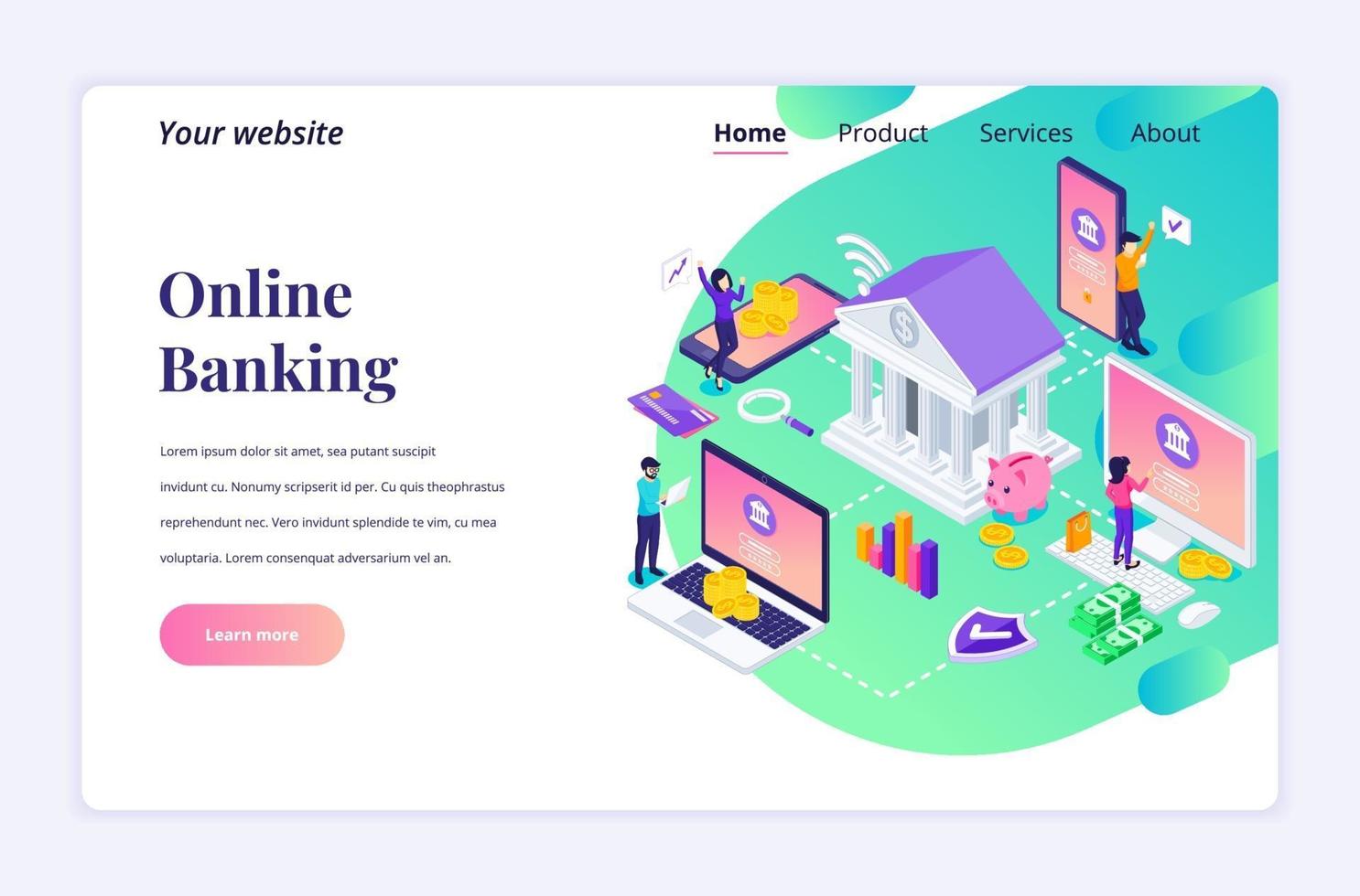 Modern flat isometric design concept of Online Banking with characters. Online financial investment for website and mobile website. Landing page template. vector illustration