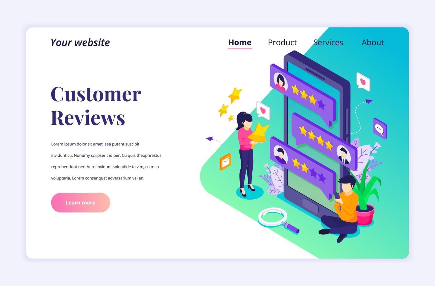 Isometric landing page design concept of Customer reviews concept, People near big smartphone giving feedback. Customers evaluating a product or service. vector illustration