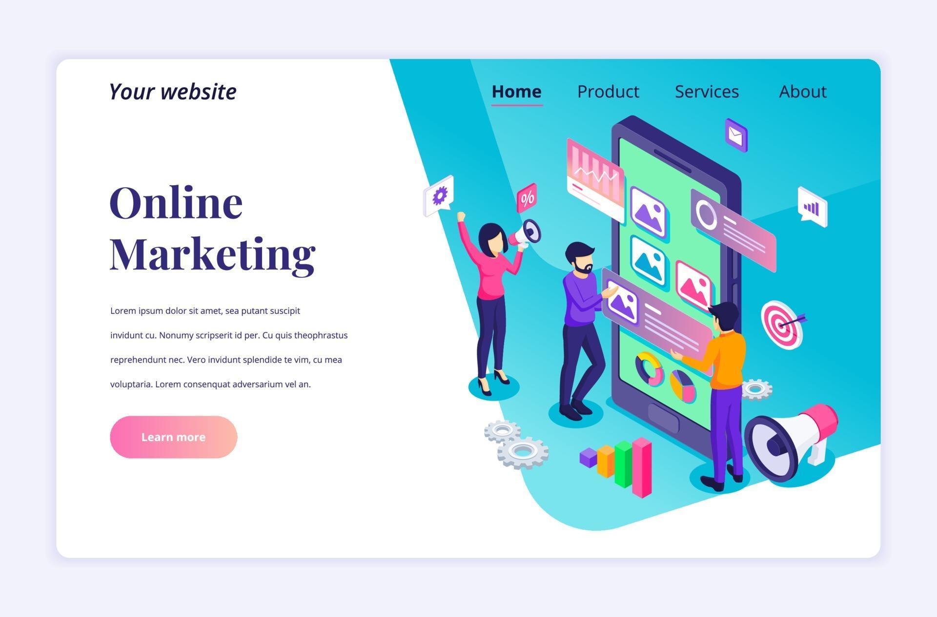 Isometric landing page design concept of Digital marketing, people characters work near a giant smartphone and content text place. vector illustration